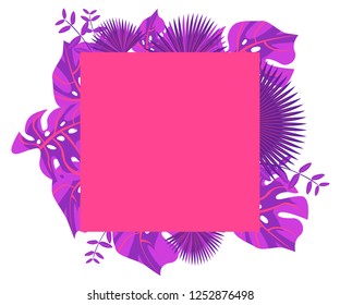 invitation card monstera proton purple, background tropical leaves plastic pink, flower frame monstera ufo green