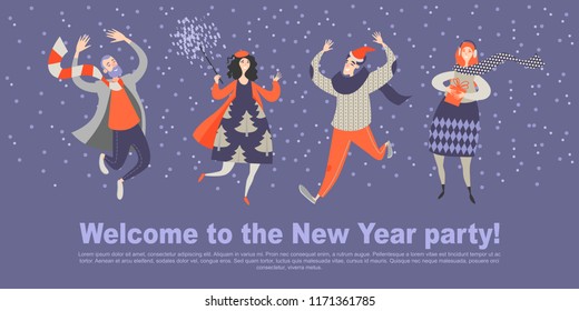 Invitation card for New Year party. Four happy friends celebrate the coming of the new year together