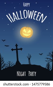 Invitation card for the night horror party in honor of all saints day. Hand of a skeleton climbs from a grave under a cross. Glowing pumpkin instead of a moon in night starry sky. Halloween poster.