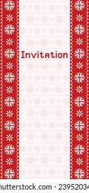 Invitation card with northern ornament. Red and white background. Scandinavian style. Monochrome vector illustration (for standard 10x20 cm).