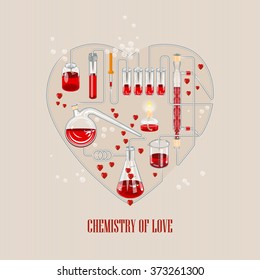 Invitation card on background. Vector illustration for Valentines day or wedding. Vector illustration of chemistry flask filled with hearts. Chemistry and love
