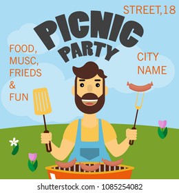 Invitation card on the barbecue. BBQ party poster. Cooked hot fried sausage on a fork in the hand of man. Isolated on white background. Vector illustration flat design. Grill picnic template.