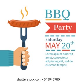 Invitation card on the barbecue. BBQ party poster. Cooked hot fried sausage on a fork in the hand of man. Isolated on white background. Vector illustration flat design. Grill picnic template.