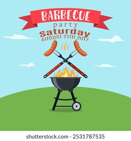 Invitation card on the barbecue. Grilled sausages on forks on the background of the natural landscape. vector illustration in flat style