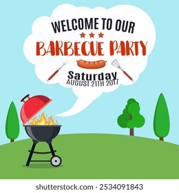 Invitation card on the barbecue. Grilled sausages on forks on the background of the natural landscape. vector illustration in flat style