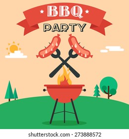 Invitation card on the barbecue. Grilled sausages on forks on the background of the natural landscape. Illustration in a flat style. Fully editable vector.