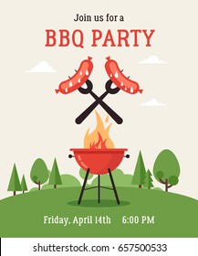 Invitation card on the barbecue. Grilled sausages on forks on the background of the natural landscape. Illustration in a flat style. Fully editable vector.