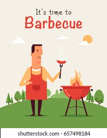 Invitation card on the barbecue. Man character with the grilled sausages on forks on the background of the natural landscape. Illustration in a flat style. Fully editable vector.