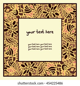 Invitation card on grunge background with square lace ornament. Template frame design for card. Vintage Lace Doily. Can be used for packaging, invitations. sand color.