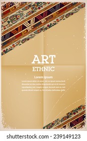 Invitation card on the retro paper with bright floral patterns. Tribal style. Vector illustration.