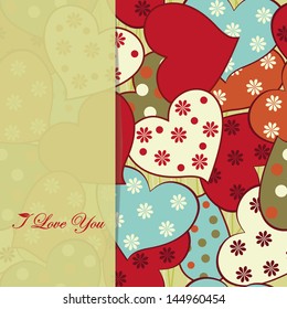 invitation card on seamless pattern with colorful hearts. eps10