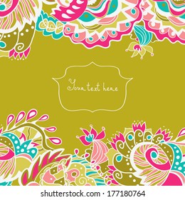 Invitation card with ornate flowers and leafs.