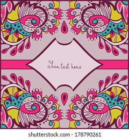 Invitation card with ornate flowers and leafs. Greeting spring  card. Place for text. Vector floral card. Easy to edit. Use for invitations announcements.