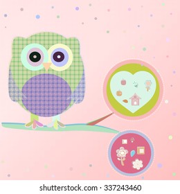 Invitation card - owls in love sitting on the branch, vector illustration