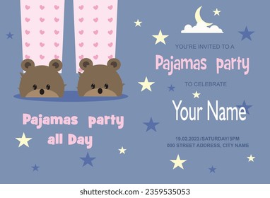 Tarjeta de invitación para una fiesta de pijama, pijama rosa con corazón y zapatillas de casa en forma de oso.