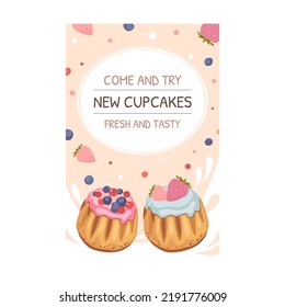 Invitation card with pastry. Loaves of bread, muffins, birthday cupcakes vector illustration. Holiday and dessert concept for announcement poster and party flyer