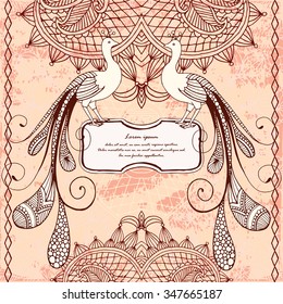 Invitation card with peacocks. Doodle invitation card with pair of peacocks in the middle. 