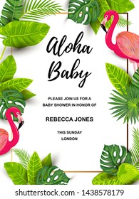 Invitation card with pink flamingo and tropical leaves. Vector illustration tropical templates. Place for text. Great for flyer, baby shower invitation, wedding.