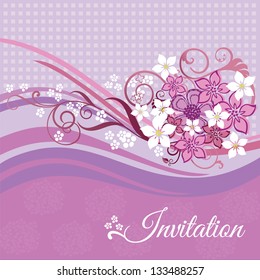 Invitation card with pink and white flowers on pink background. This image is a vector illustration.