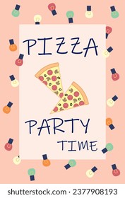 Invitation card for a pizza evening with friends. Lots of colored lights, a couple of slices of pizza.