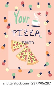 Invitation card for a pizza party for a large group of friends. Lots of colored lights, slices of pizza in the center and hot tea.