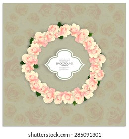 Invitation card with place for text and pink flowers over canvas texture. Vector illustration.
