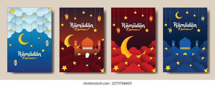 Invitation card, poster, cover or envelope design with 3d view of clouds, mosque, lantern, stars and moon on gradient blue and orange background. Ramadan Kareem greeting card design with day and night