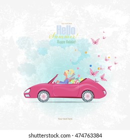 Invitation card with pretty girl in pink convertible with shopping bags for your design