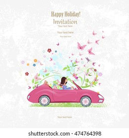 Invitation card with pretty girl in pink convertible on grange background for your design