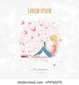 Invitation card with pretty girl is reading a book on grange background with butterflies for your design