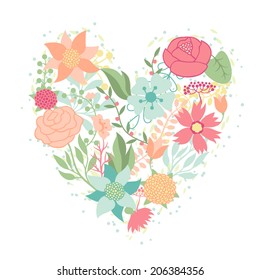 Invitation card with pretty stylized flowers in heart shape.