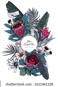 Invitation card. Protea, Cherry, Heliopsis, cornflowers flowers and exotic palm leaves. Floral composition, hand drawn style print. Vector illustration.