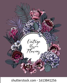 Invitation card. Protea, Tulip, Cherry, Hydrangea, Hyacinth flowers and exotic palm leaves. Floral composition, hand drawn style print. Vector illustration.