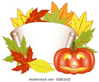 Invitation card with a pumpkin on the background of autumn leaves