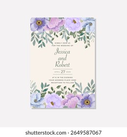invitation card with purple blue floral watercolor