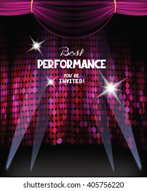 Invitation card with purple curtains on the background and spotlights beams