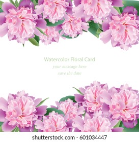 Invitation card with realistic Vintage peonies bouquet Vector. Floral pink decor for greetings, wedding, birthday and other holiday and summer background