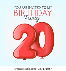 Invitation card with red balloons. The invitation to the party. Celebrating the 20th anniversary. Inflatable realistic 3D red balls in the form of numbers. Vector illustration