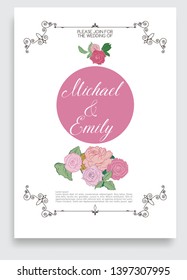 Invitation card in retro style. Composition of vintage elements and roses. Individual wedding invitation.