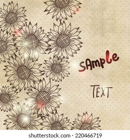 Invitation card in retro style. Grunge sunflowers.