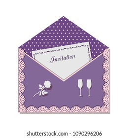 Invitation card for a romantic meeting, decorated with lace,on background of polka dots