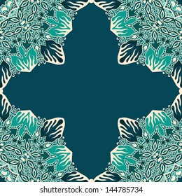 Invitation Card with round floral ornament corners on blue background.