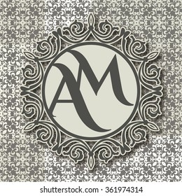 Invitation card with round frame and background with classic seamless pattern. Silver-grey colors