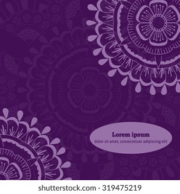 Invitation card with round lacy pattern on violet background. Hand-drawn  background