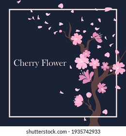 Invitation or card with sakura or cherry flower blue background. Japanese greeting postcard retro vector flower illustration.
