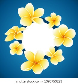 Invitation card SAVE THE DATE with decorative flowers on blue. Can be used as greeting card for wedding, birthday and other holiday with summer background. Circle Vector illustration.