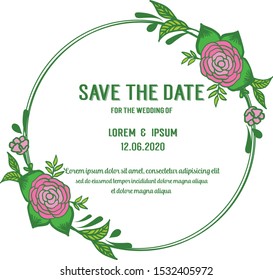 Invitation card save the date, with design pink rose flower frame background. Vector