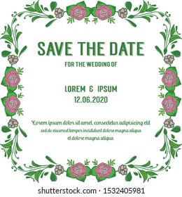 Invitation card save the date, with design pink rose flower frame background. Vector