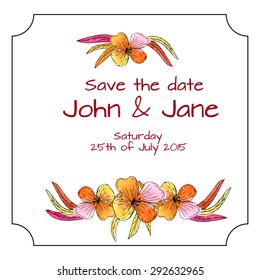 Invitation card SAVE THE DATE with watercolor flowers. Can be used as greeting card for wedding, birthday and other holiday with summer background. Vector illustration. 