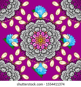 For invitation card, scrapbook, banner, postcard, tattoo, yoga, boho, magic, tile or lace. Decorative vector ornate colored mandala icon isolated for card, colored Mandala on a purple and white colors